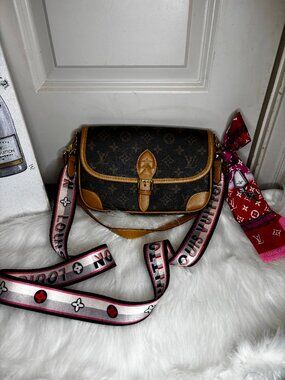 LV Monogram Crossbody Bag | Pink & White Strap + Scarf